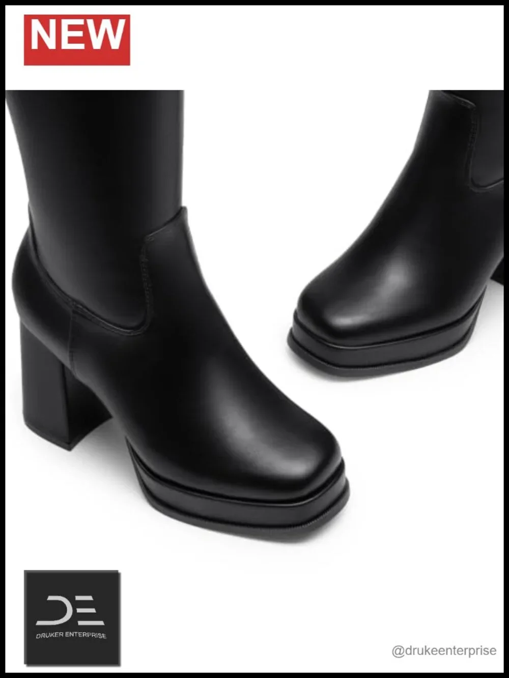 Women's Square Toe Chunky Heel Platform Knee High Boots with Side Zip PU Leather